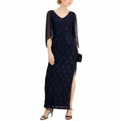 Promo 🎁 Connected Sheer-Sleeve Lace Gown Navy 🌟